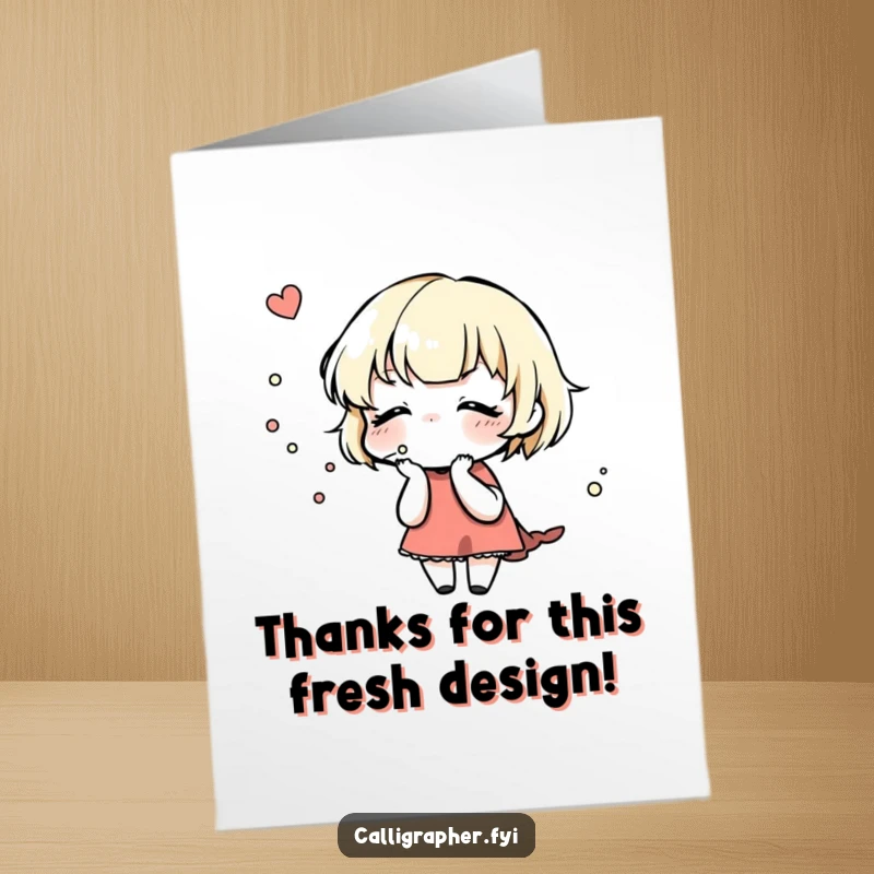 Funny Free Printable Thank You Card: a cute character carefully blows on a newly inked design, signifying delicate appreciation and effort.