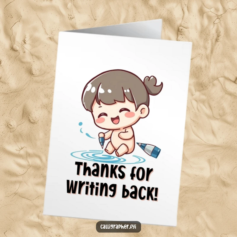 Funny Free Printable Thank You Card of a cute character happily swirling ink from a pen with artistic flair.