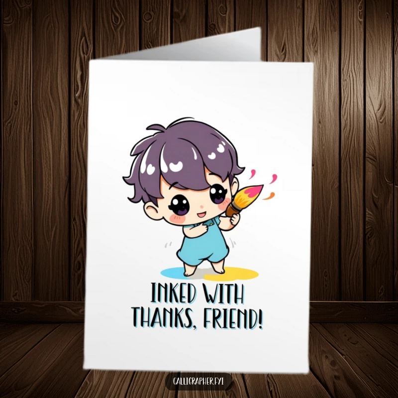 Funny Free Printable Thank You Card: Cute character twirls a paintbrush with ink, expressing thanks artistically.