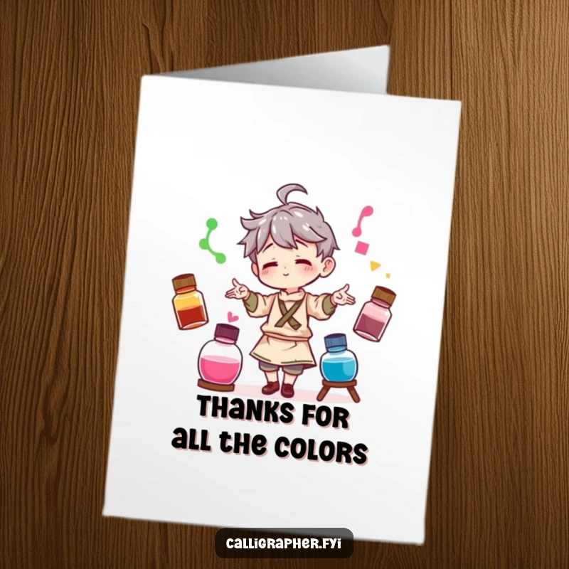 Funny Free Printable Thank You Card: Artist juggling colorful ink bottles, expressing thanks with playful flair.