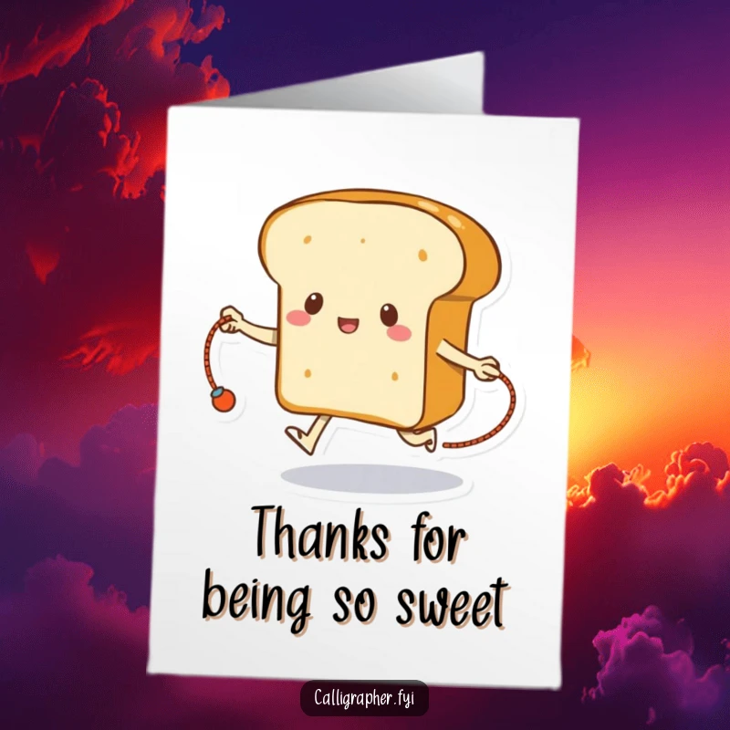 Funny Free Printable Thank You Card: Loaf of bread using its crust as a skipping rope, expressing thanks humorously.