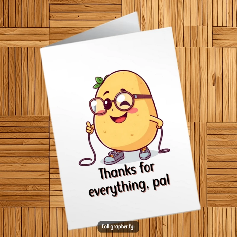 Funny Free Printable Thank You Card: Cheerful potato character tripping, monocle, printable thank you.