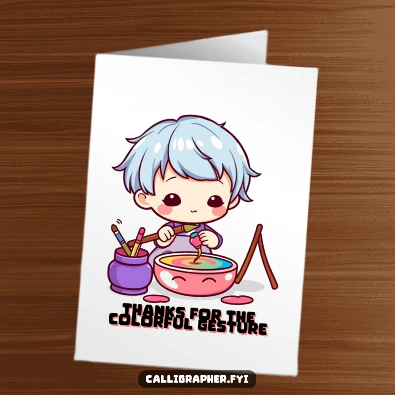 Funny Free Printable Thank You Card: Kawaii artist character dips a brush into a rainbow of colorful ink, showing appreciation.