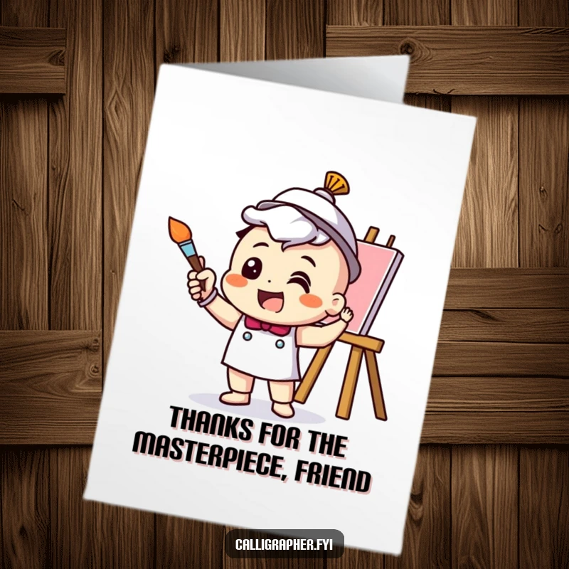 Funny Free Printable Thank You Card: Cheerful artist character joyfully gestures with a paintbrush, expressing thanks with vibrant energy.