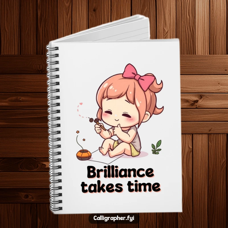 Funny notebook with a cute character concentrating intensely while drawing a delicate flourish, perfect for note-taking.