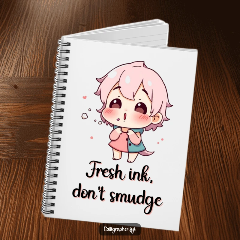 Funny notebook cover featuring a surprised character blowing on fresh ink, perfect for artists to jot down ideas and sketches.