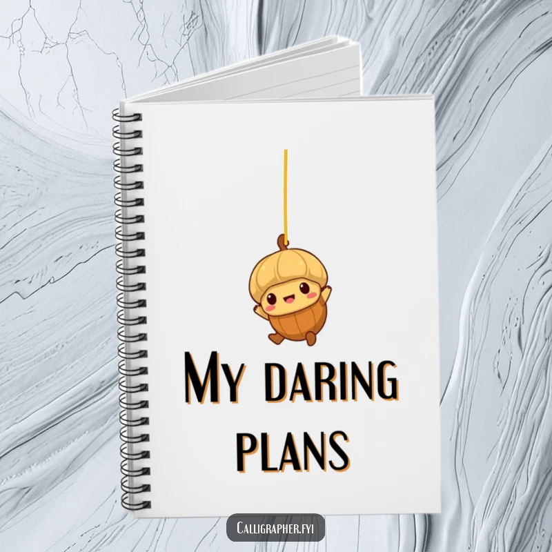 Funny notebook cover with a brave little acorn character swinging from a strand of spaghetti.
