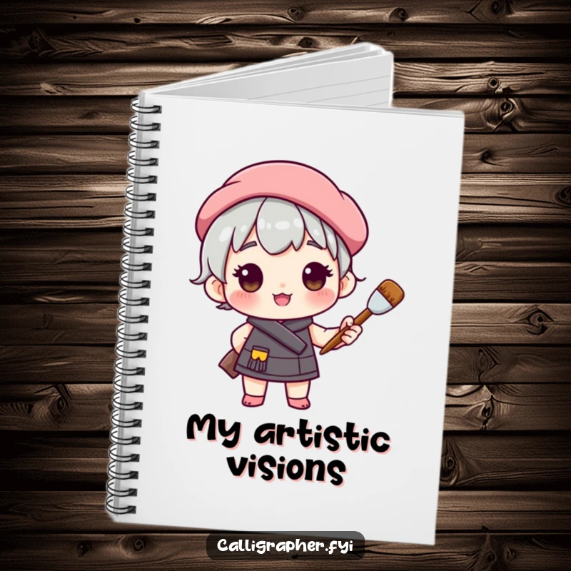 Funny notebook featuring a cute character in a beret, holding a paintbrush with pride, perfect for sketching and jotting down creative ideas.