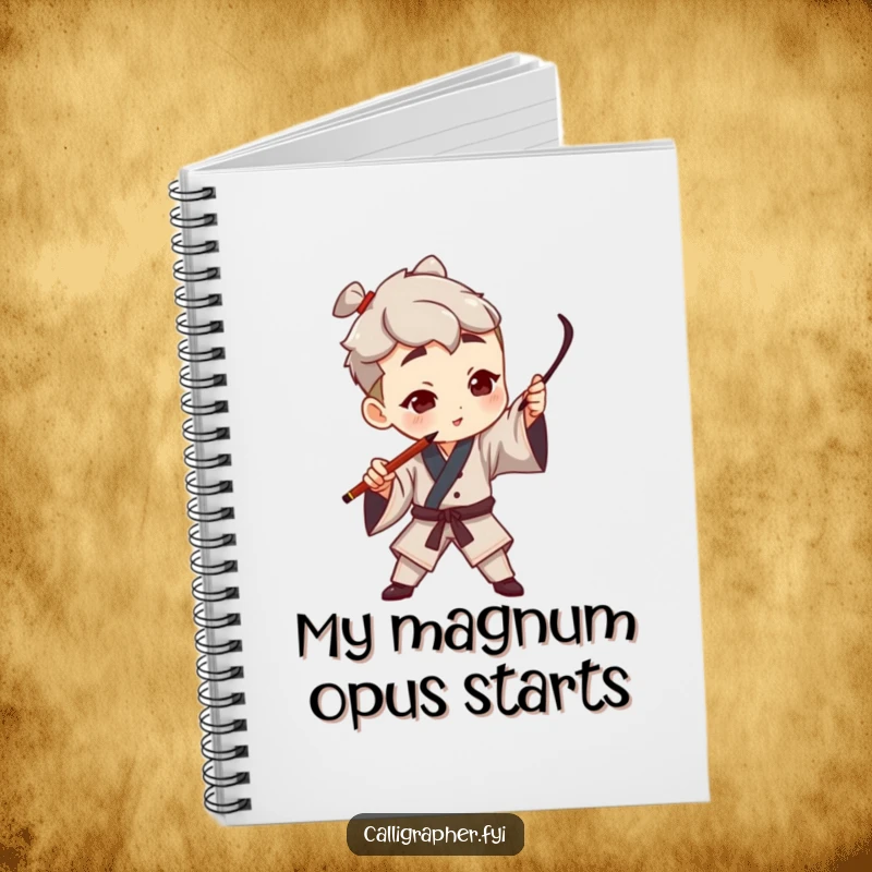 Funny notebook cover with a character artist dramatically gesturing with a calligraphy pen, creating a bold stroke, ideal for creative writing.