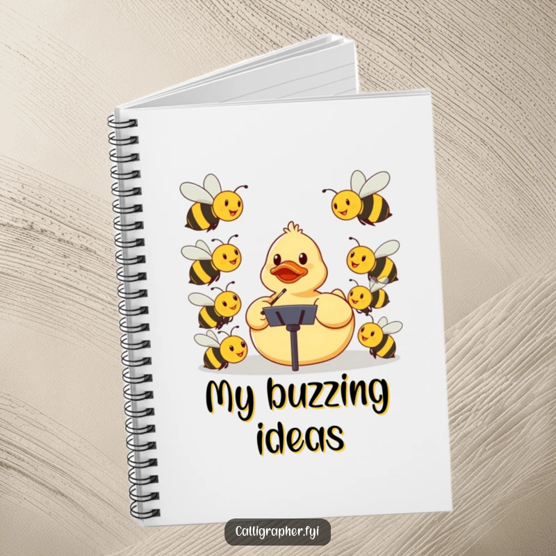 Funny notebook cover featuring a rubber ducky conducting smiling bees in an orchestra, ideal for jotting notes.