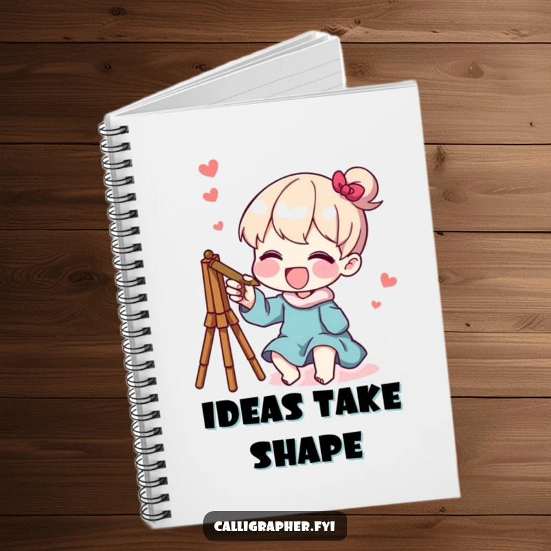 Funny notebook with a character joyfully sketching a whimsical design, perfect for jotting down creative ideas and doodles.