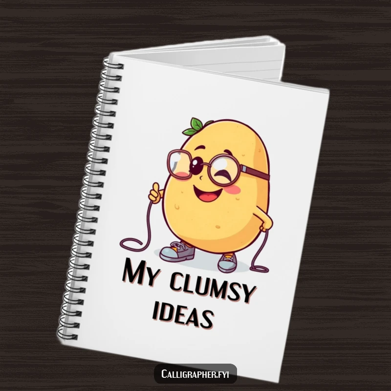 Funny notebook cover with a cheerful potato character in a monocle, comically tripping over its shoelaces.