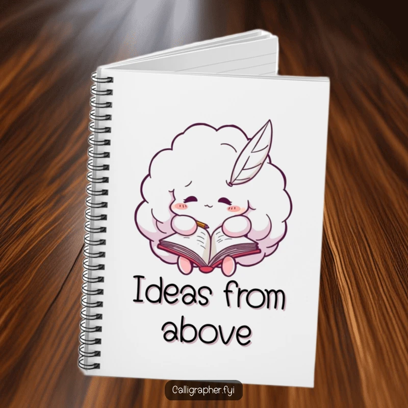 Funny notebook cover featuring a fluffy cloud with a quill pen, busily writing in a tiny notebook, ideal for jotting notes.