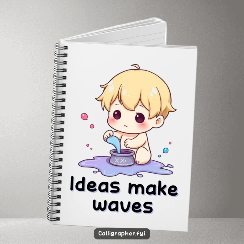 Funny notebook with a cute character playfully splashing ink from a small pot, perfect for creative writing.