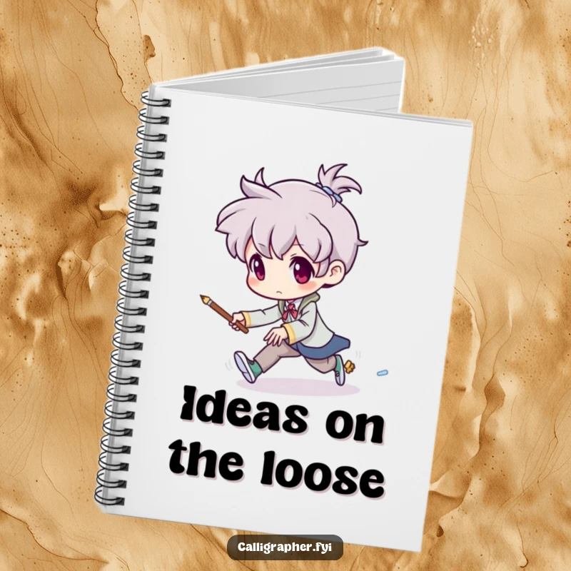 Funny notebook featuring an artist chasing a tiny, mischievous brush, ideal for journaling creative ideas and studio mishaps.