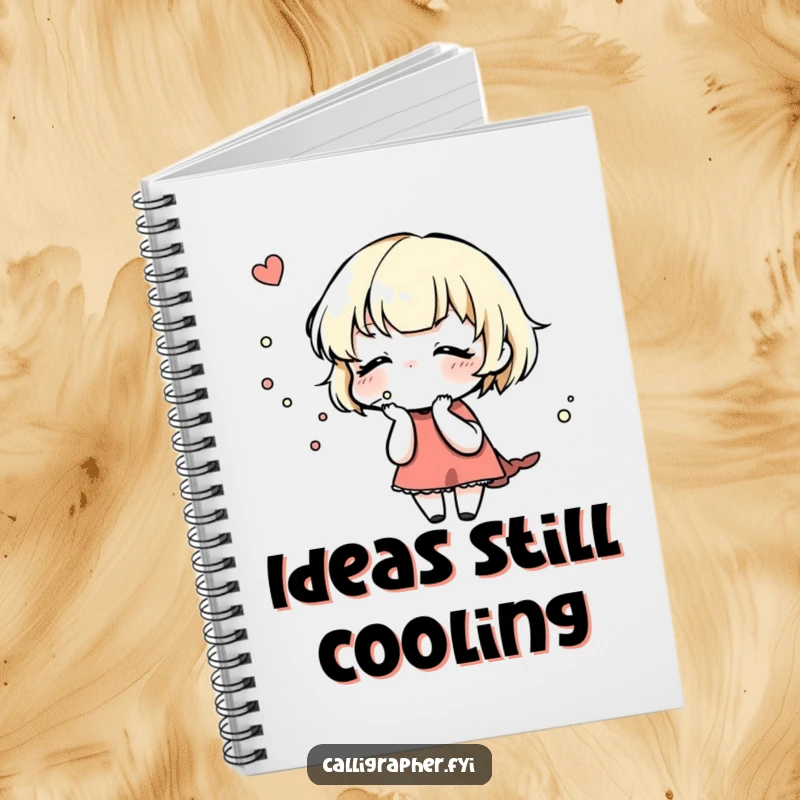 Funny Notebook: A cute character gently blows on a freshly inked design, inspiring meticulous note-taking and creative planning.