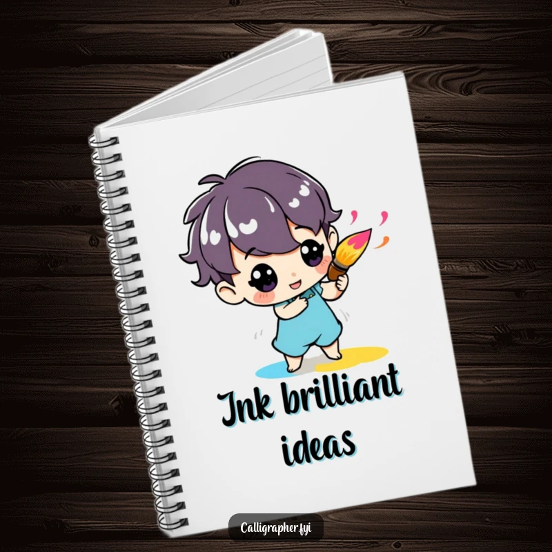 Funny notebook with a cute character enthusiastically twirling a paintbrush with vibrant ink, perfect for artistic notes and sketches.