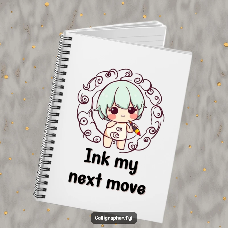 Funny notebook cover illustrated with a cute character expertly making swirling patterns with a calligraphy pen, designed for artistic note-taking.