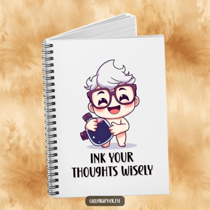 Funny Notebook with a happy character wearing glasses and holding a large ink bottle, perfect for jotting down stories and notes.