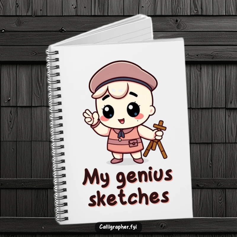 Funny kawaii character with a beret, striking a proud artist pose, inside a humorous notebook perfect for creative thoughts.