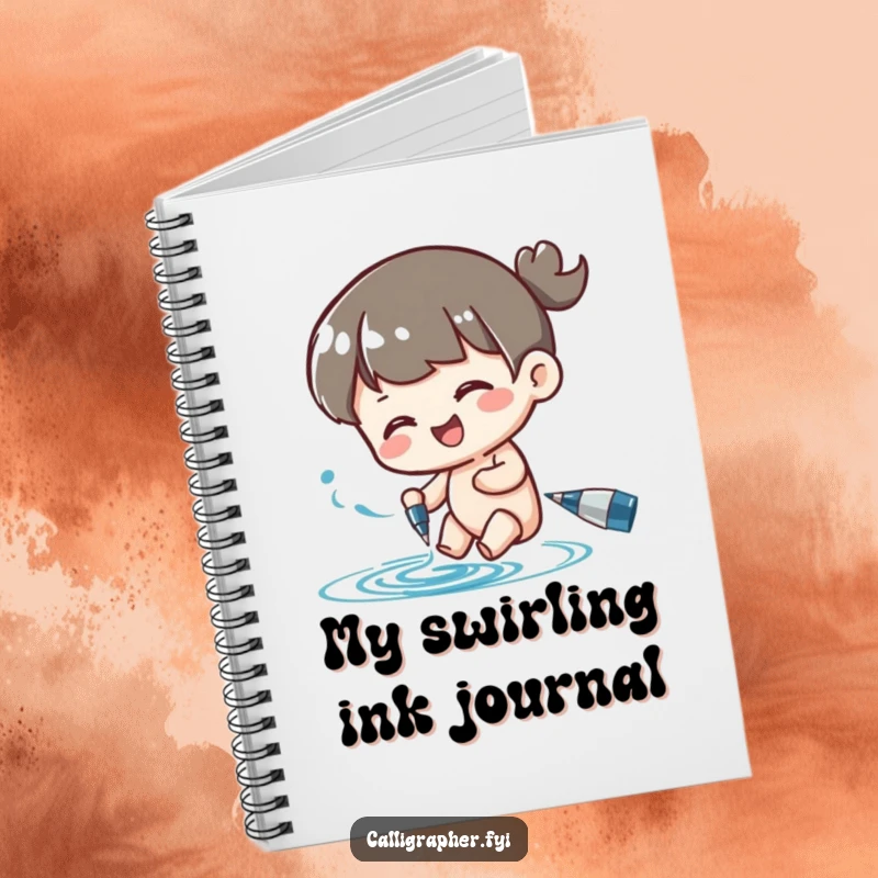Funny notebook featuring a character happily swirling ink from a pen, ideal for capturing notes and ideas with a creative touch.