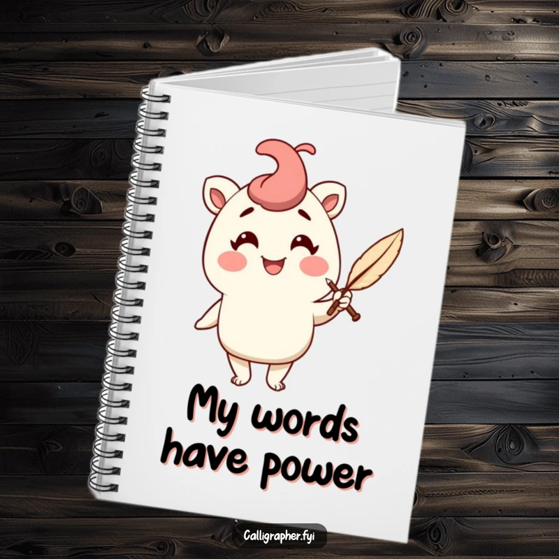 Funny notebook with a cheerful character holding a quill pen with a flourish, perfect for jotting down ideas and stories.