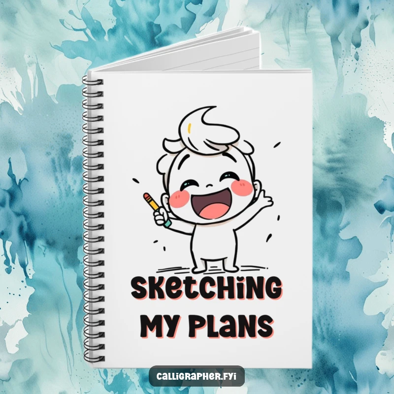 Funny notebook cover with a smiling character joyfully sketching with bold strokes, encouraging creative thought and design.