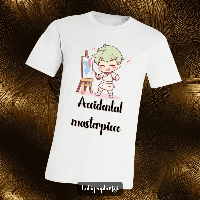 Funny t-shirt showing an artist in a dramatic pose, covered in paint splatters from a comical artistic accident, celebrating artistic struggle.