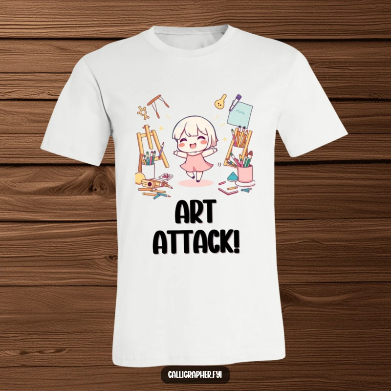 Funny T-Shirt: A cute character performs a happy dance with paintbrushes and pencils swirling around, capturing the joy of creation.