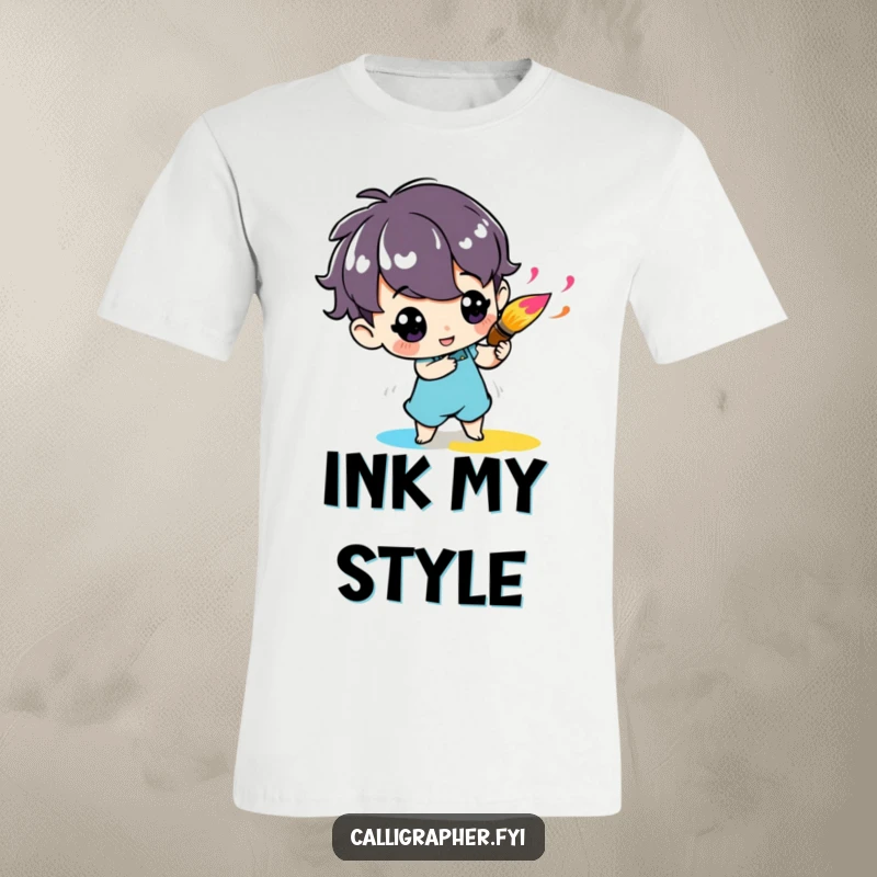 Funny t-shirt of a cute character enthusiastically twirling a paintbrush with vibrant ink, perfect for expressing artistic flair.