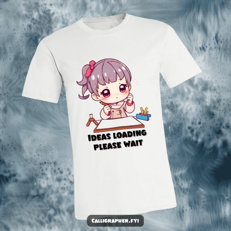 Funny t-shirt featuring a character artist in a thoughtful pose, holding a pencil poised above paper, signifying creative contemplation.