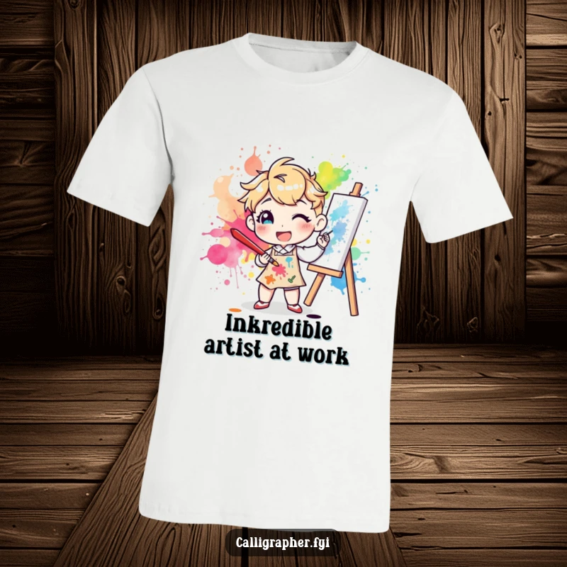 Funny t-shirt featuring a happy character artist enthusiastically splattering colorful ink onto a canvas using a large brush, conveying playful artistic energy.