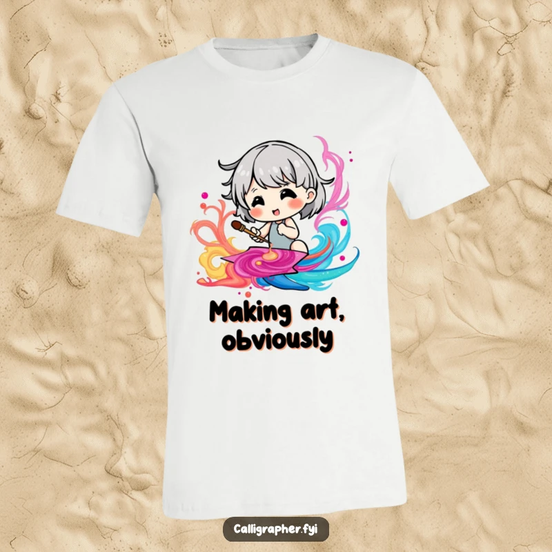 Funny t-shirt featuring a cute character happily painting a dynamic, swirling pattern with bright, vibrant ink.
