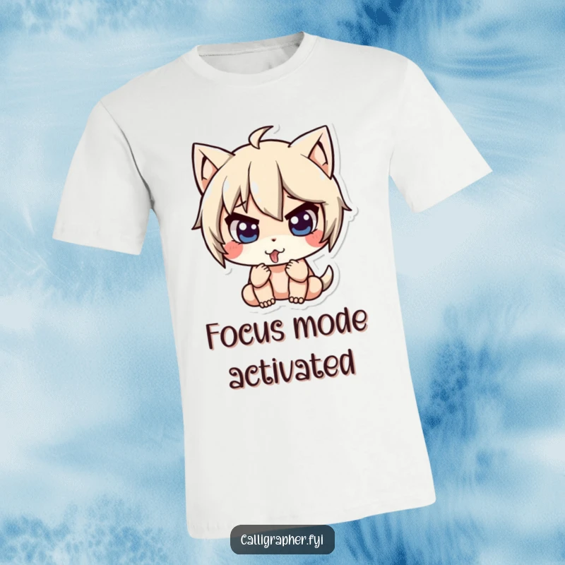 Funny t-shirt with a cute character intensely concentrating, tongue slightly sticking out, highlighting a moment of deep thought.