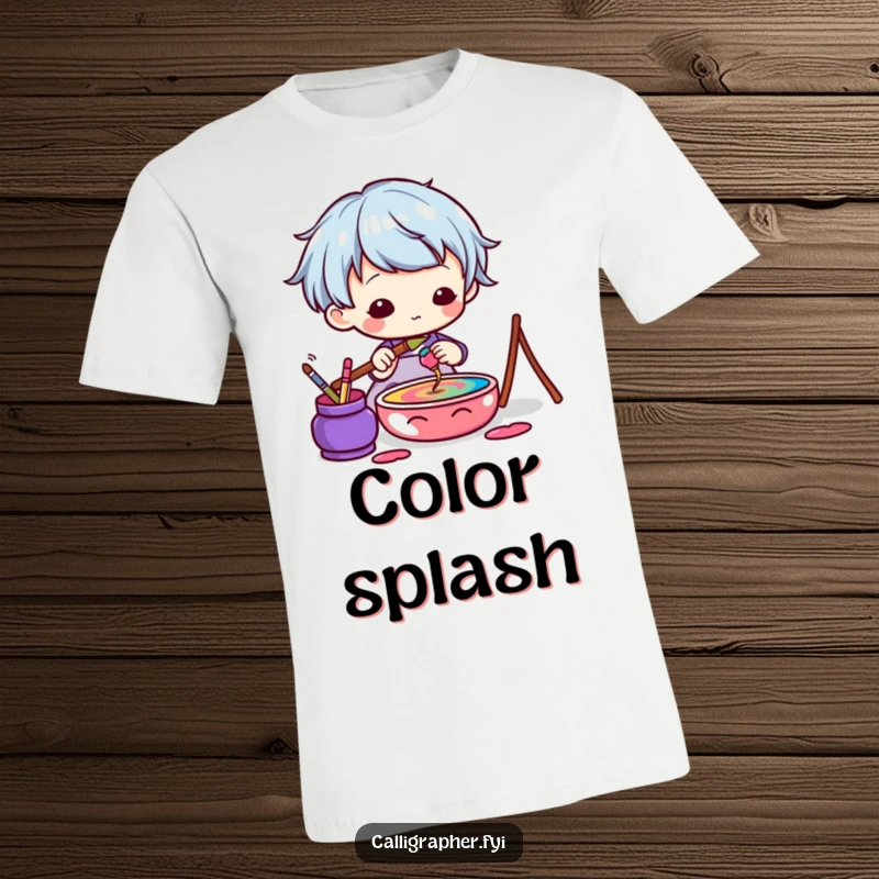 Funny Kawaii Artist T-Shirt showcasing a cute character dipping a brush into colorful ink, ready for artistic expression.