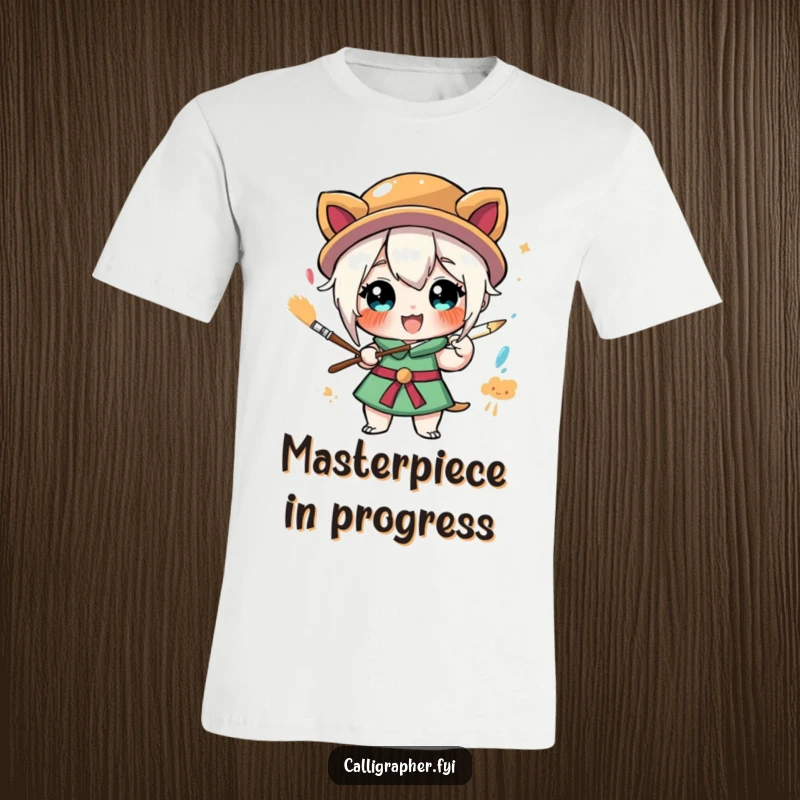 Funny t-shirt with a stylized character exuberantly painting a masterpiece with a big brush, radiating artistic energy and happiness.