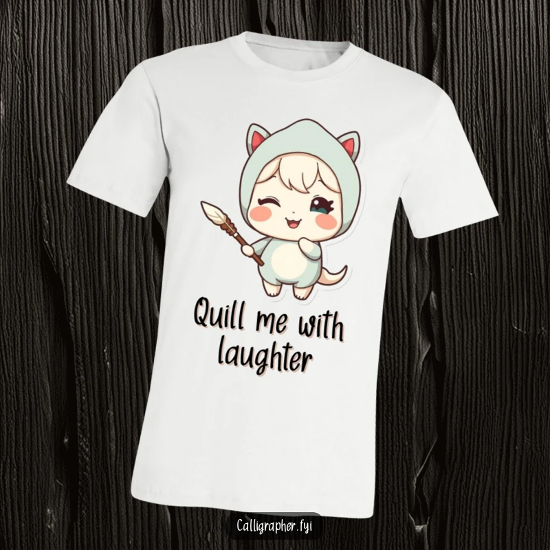 Funny t-shirt showing a cute character confidently holding a quill pen and giving a delightful, mischievous wink, suggesting clever tales.