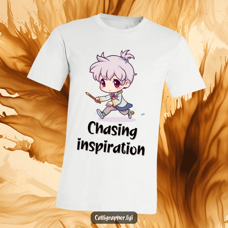 Funny t-shirt depicting an artist chasing a small, mischievous paintbrush that is attempting to escape, capturing a moment of artistic urgency.