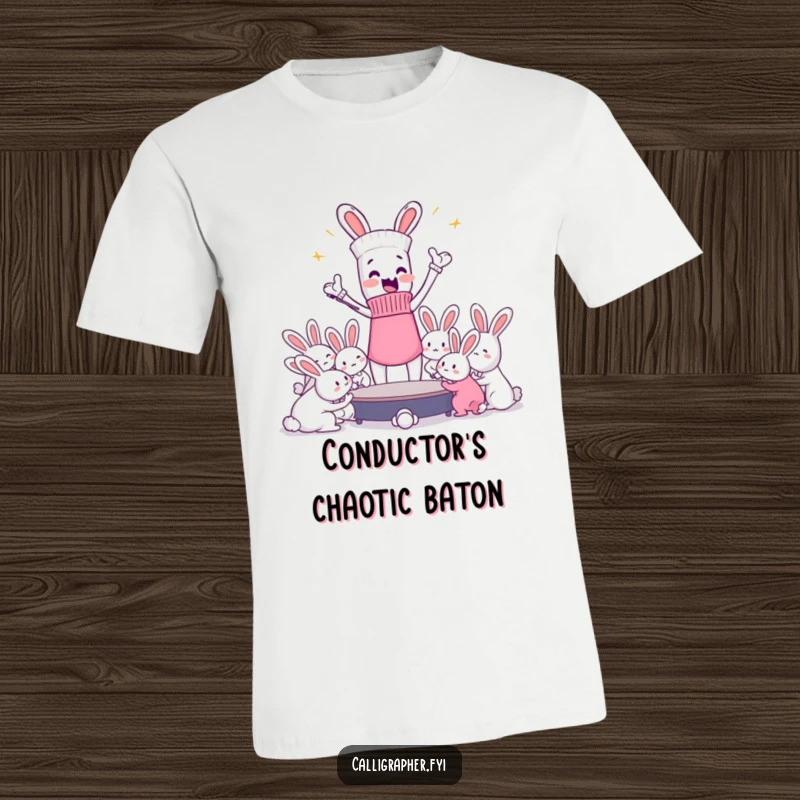 Funny t-shirt print of an enthusiastic sock leading a chaotic orchestra composed entirely of dust bunnies.