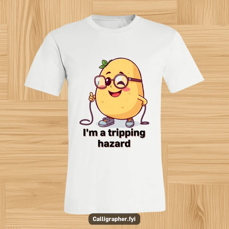 Funny t-shirt print of a cheerful potato character in a monocle, hilariously tripping over its own shoelaces.