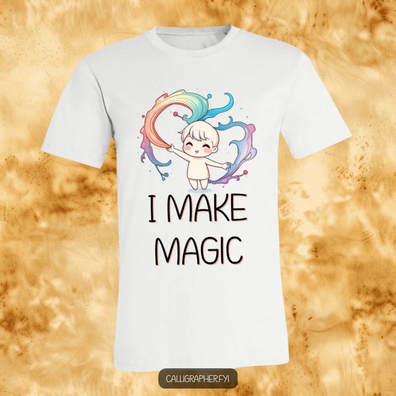 Funny t-shirt featuring a cute character energetically creating dynamic, swirling ink patterns in the air with artistic abandon.