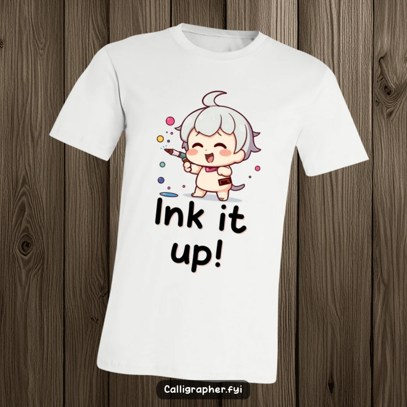 Funny Kawaii character t-shirt, energetically spraying ink from a pen nib, embodying artistic passion and vibrant creativity, ideal gift.