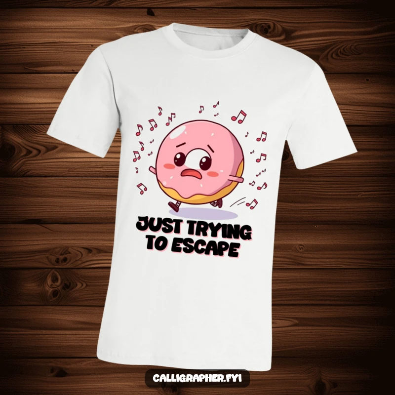 Funny t-shirt print of a bewildered donut character running from a jumble of musical notes, conveying comedic panic.