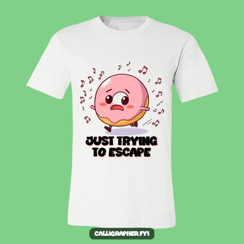 Funny Donut Music Chase T-Shirt: Bewildered Pastry Escaping Notes, Hilarious Gift!