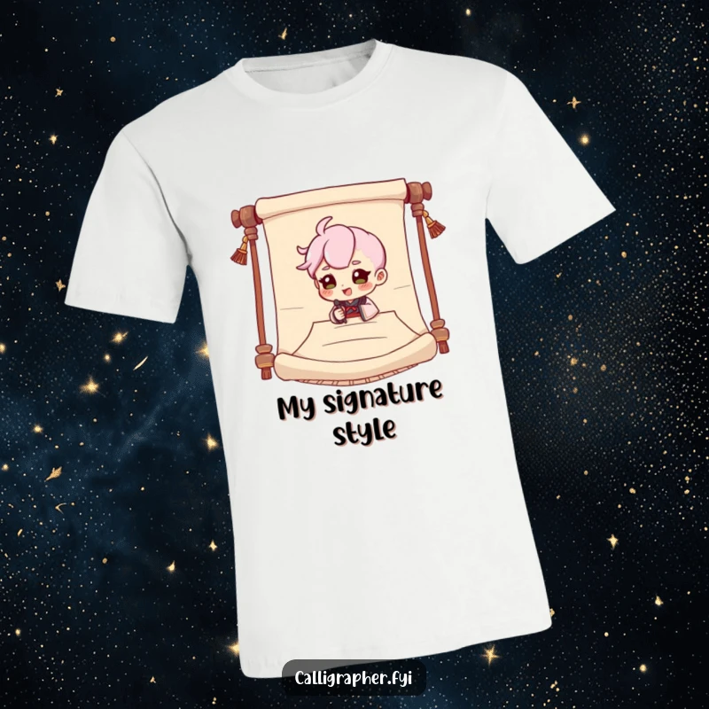 Funny t-shirt depicting a cute character signing a large scroll with an exaggerated flourish, full of dramatic expression.