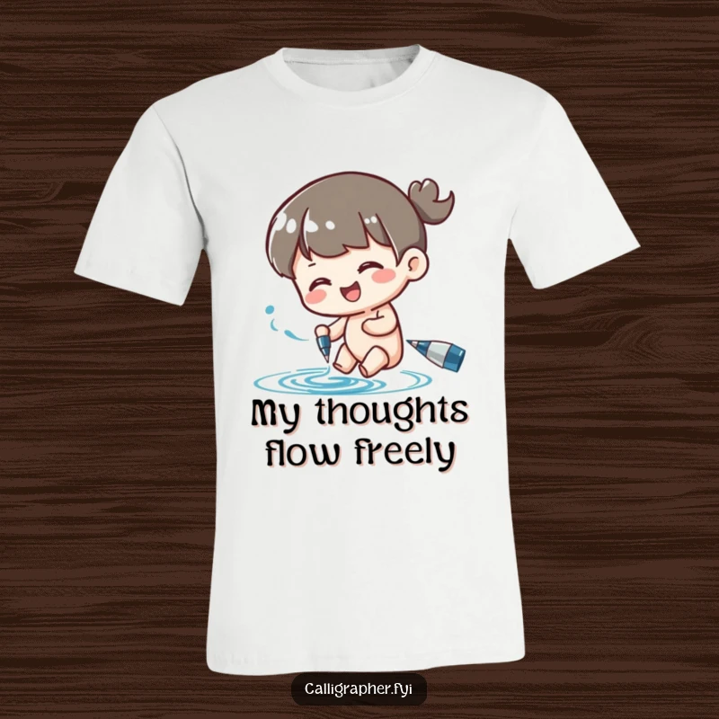 Funny t-shirt showcasing a cute character happily swirling ink from a pen, expressing passion for art and writing.