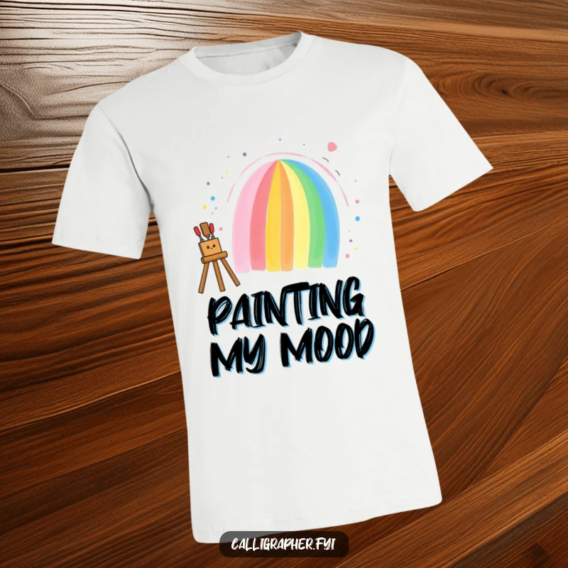 Funny t-shirt featuring a joyful artist painting a magnificent rainbow across an empty canvas, celebrating artistic expression and color.