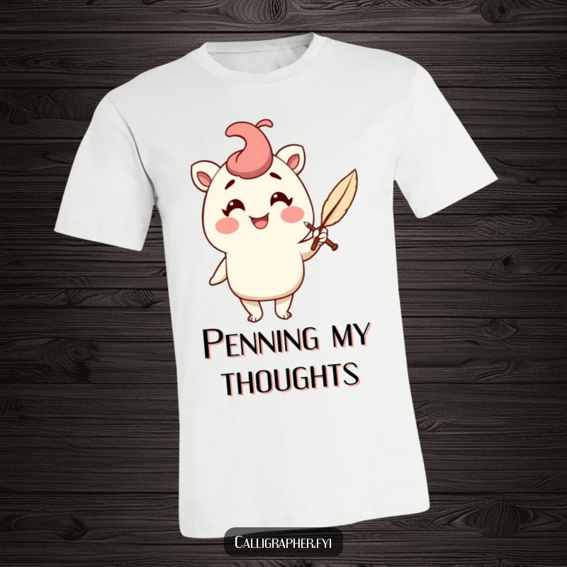 Funny t-shirt depicting a cheerful character holding a quill pen with a flourish, celebrating the art of writing with humor.