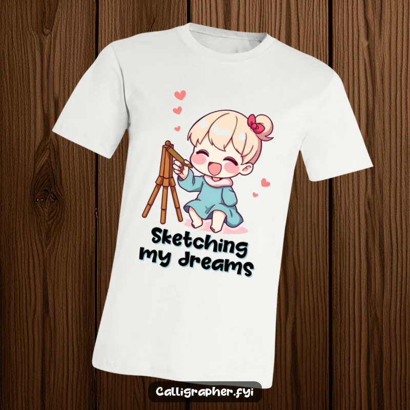 Funny t-shirt featuring a character joyfully sketching a whimsical and imaginative design, showcasing artistic fun and creativity.