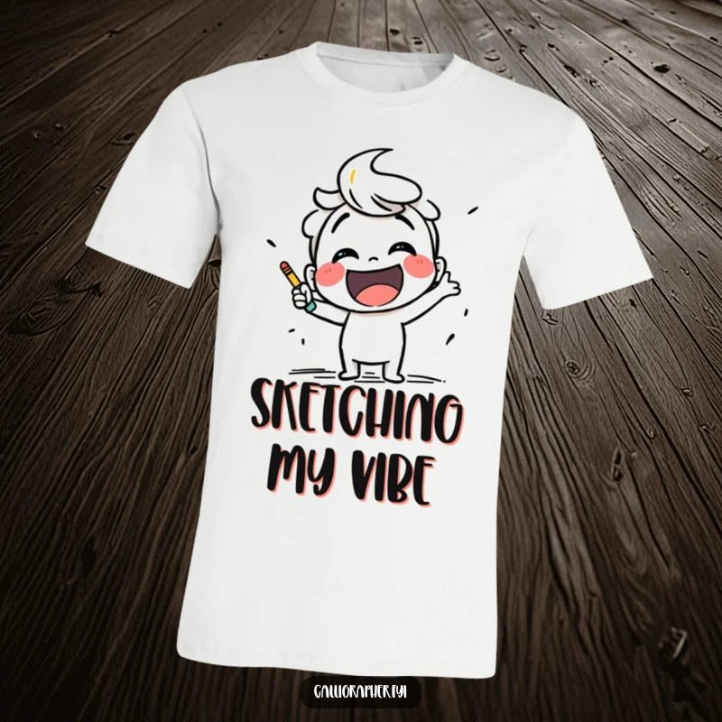 Funny t-shirt with a smiling character excitedly using bold strokes to sketch, capturing the joy of artistic creation.